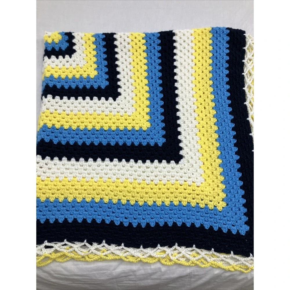 VTG Afghan Crochet Knit Granny Concentric Square Retro Lap Blanket Throw 57x57